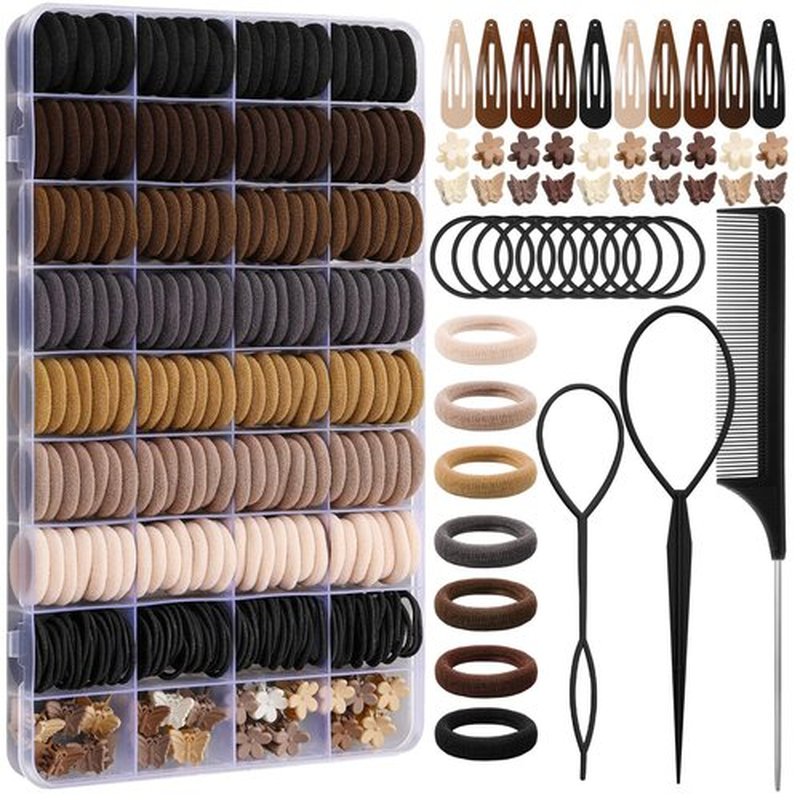 Hair Accessories for Girls - 360 Pieces Cotton Toddler Hair Ties Brown Ponytail Holders, Hair Clips and Hair Tail Tools, Neutral Colors