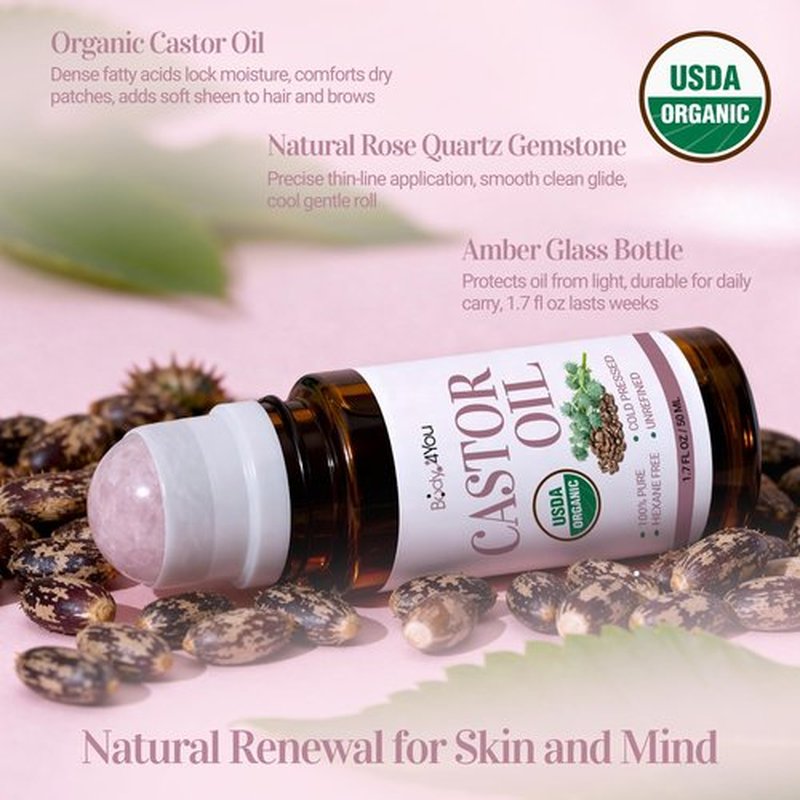 Castor Oil Roll On Eyelashes Eyebrows - 100% Pure Natural USDA Organic Cold Pressed - Hydrating Skin Hair Growth Oil Lashes - Non-GMO Hexane Free Unrefined - Natural Stone Roller Amber Glass 1.7 Fl Oz