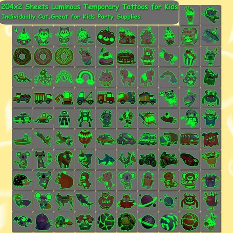 CHARLENT 408 PCS Individually Wrapped Luminous Temporary Tattoos for Kids - Glow in The Dark Mixed Tattoos for Kids Birthday Party Favors Goodie Bag Fillers