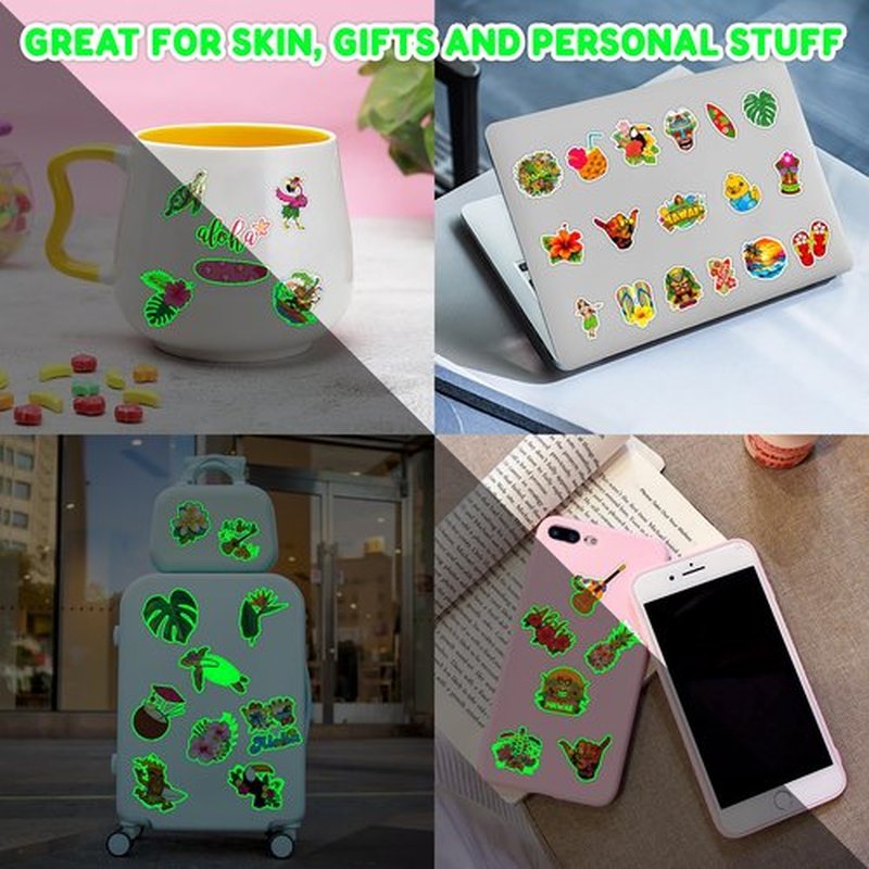 96 PCS Hawaiian Pre-Cut Tattoos Birthday Party Decorations Supplies Favors Tiki Hawaii Luau Hibiscus Temporary Tattoos Flower Tropical Summer Beach Aloha Palm Stickers School Prizes Rewards (Luminous)