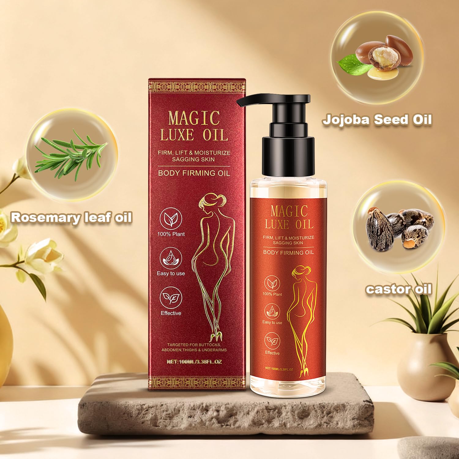 MAGIC LUXE OIL Body Firming Oil, Hydrating & Skin Tightening for Women Bums, Tums, Thighs & Underarms | Non-Greasy | Reduces the Appearance of Fine Lines & Improves Skin Elasticity Look | 100 ML