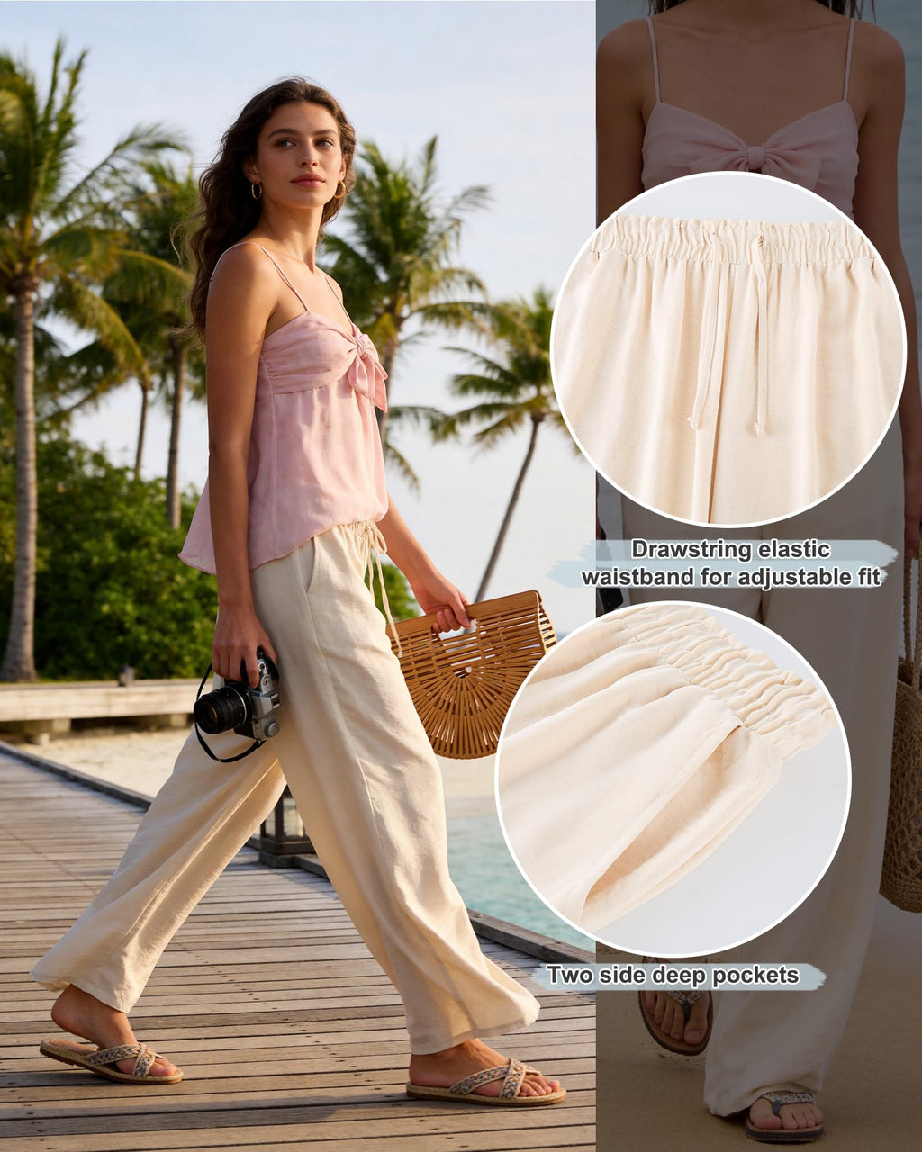 DIGIMAP Womens Cropped Casual Pants Wide Leg Palazzo Pants Elastic Waisted Flowy Trousers with Pockets Beige