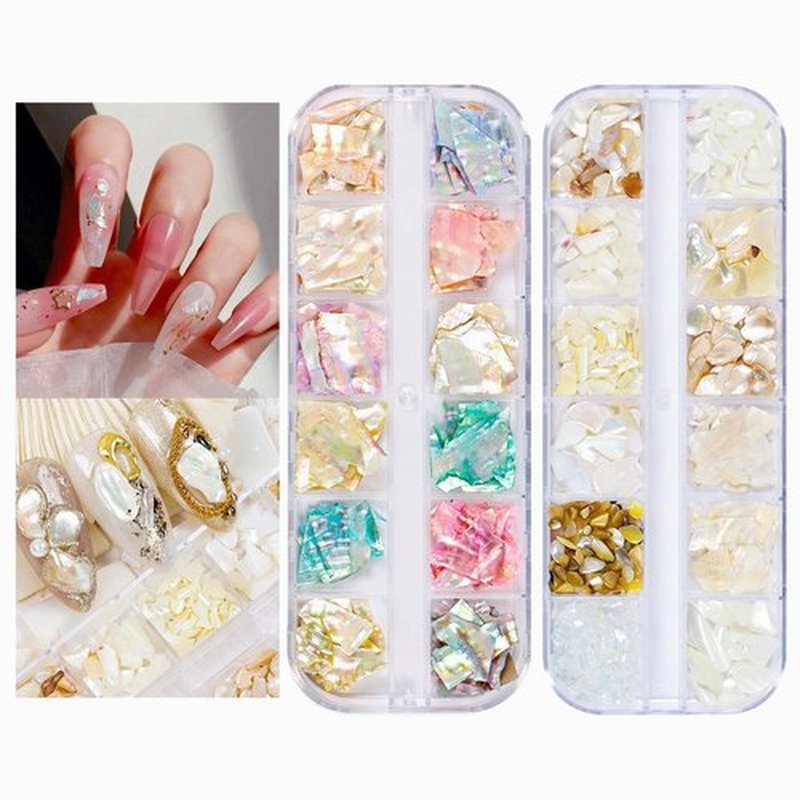 24 Grids Abalone Shell Nail Art Sequins, Aurora Ultrathin Seashell Nail Gems, Natural Color Mermaid Slices Stuff for Nail Art Decorations Accessories