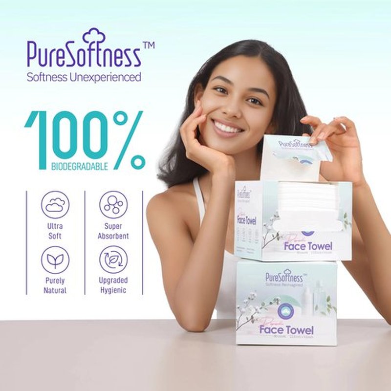 PureSoftness Luxuriously Soft Disposable Face Towel, 100% Cotton, Extra Large 12" x 10" Ultra Soft Dry Wipe for Face Wash, Makeup Remover, Bio-Based Towelette for Sensitive Skin 80 Count (1 Pack)