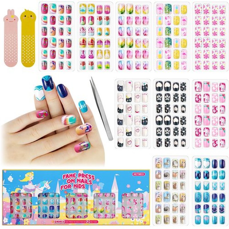 240Pcs Kids False Nail with Glue Children Girls Press on short Nails Long lasting Quick Stick on Cute Pre Glue Full Cover Acrylic Nail Kit for Girls Kids Gift DIY Nail Art Decor (Starry Unicorn）