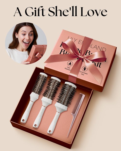Lily England Round Hair Brush Set, 4 Piece Professional Blow Dry Kit with 3 Round Brushes and Comb for Styling, Beauty Gifts Sets for Women (White)