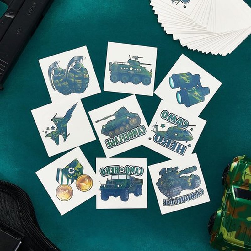 144 Sheets Military Camouflage Tattoo Camouflage Army Party Favors Supplies Military Camo Tank Helicopter Fake Tattoos Stickers Army Birthday Party Decorations for Men Boys Kids Adults School Prizes