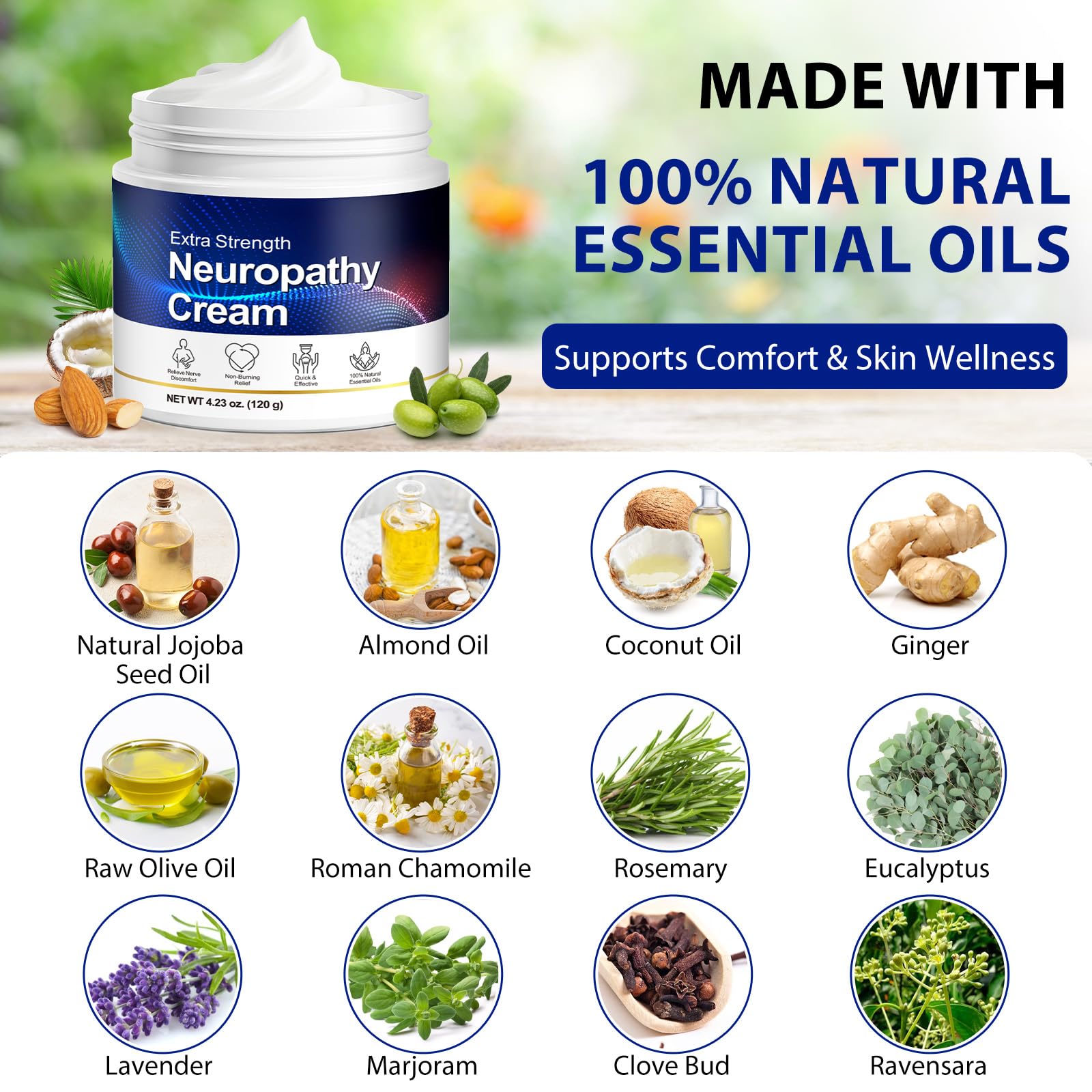 ISUNRISE Neuropathy Nerve Relief Cream - Maximum Strength Soothing for Feet, Hands, Legs, Toes, Back Discomfort - Fast Absorbing Gel Moisturizing Cream, Non-Greasy - 4.23 oz