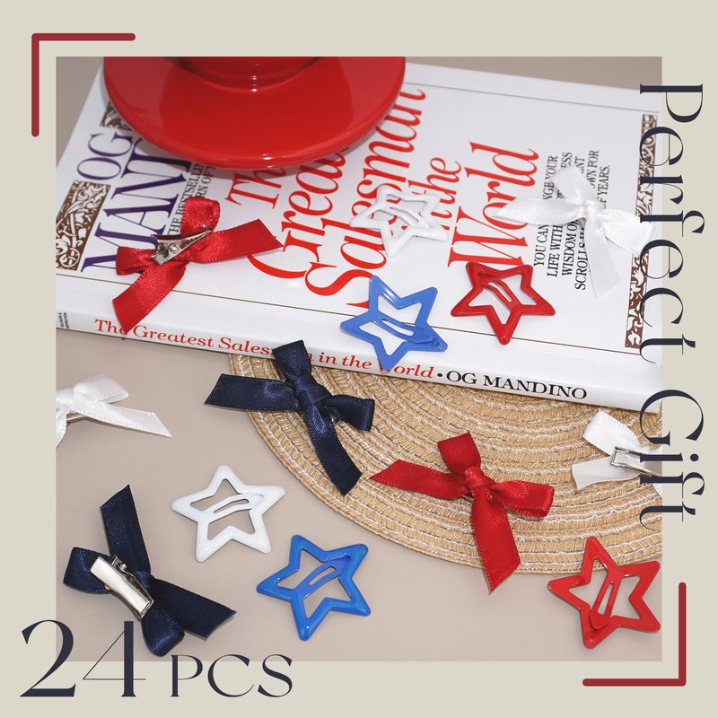 YAEISM 24PCS Star Hair Clips 3 Colors Bow Hair Clips Satin Small Hair Bows Metal Snap Star Clips Y2K Coquette Barrettes American Flag Clips Hair Accessories for Women