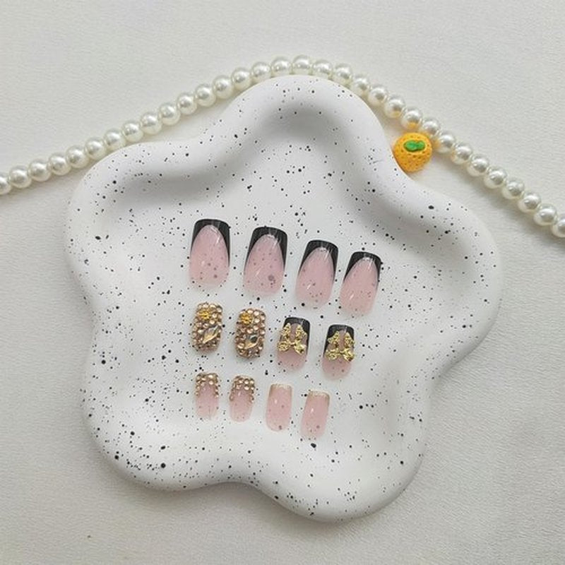 Medium Press on Nails Square Fake Nails with Bow Rhinestones Designs Black French Tip Nails Press ons Gold Glitter Acrylic Nails for Women 24Pcs