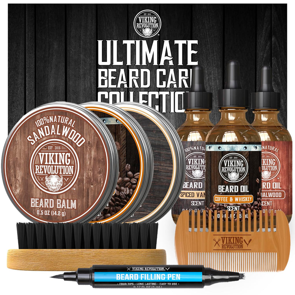 Viking Revolution 3 Pack Ultimate Beard Care Collection - Each Pack Includes 3 Beard Oils (3 X 0.5 FL OZ), 3 Balms (3 X 0.5 OZ), Brush, Wooden Comb & Filling Pen. Soften, Condition & Style