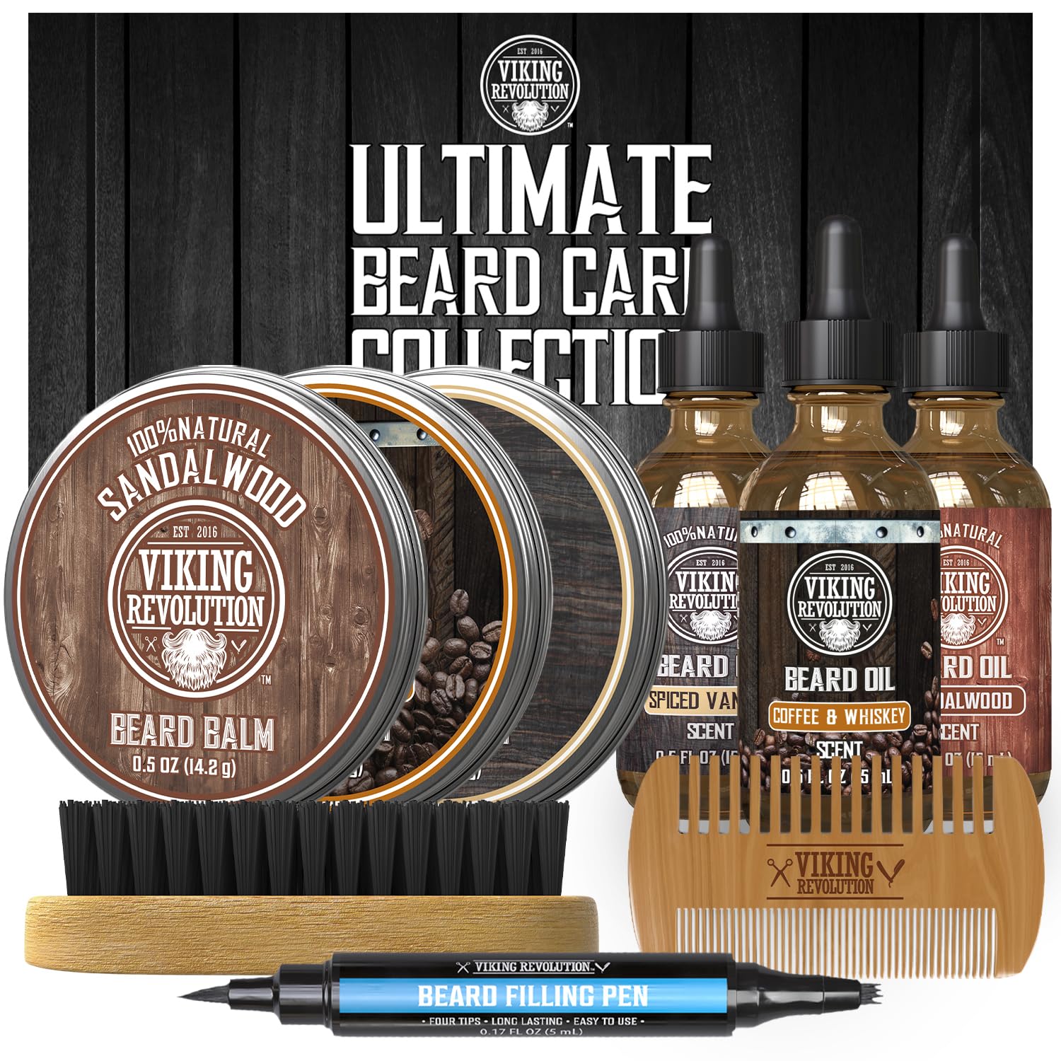 Viking Revolution 3 Pack Ultimate Beard Care Collection - Each Pack Includes 3 Beard Oils (3 X 0.5 FL OZ), 3 Balms (3 X 0.5 OZ), Brush, Wooden Comb & Filling Pen. Soften, Condition & Style
