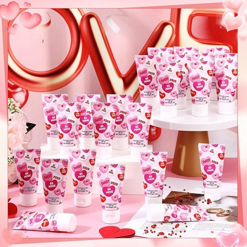 Dansib 24 Pcs Mini Sunscreen Bulk for Valentine's Day Party Spf 30 Water Resistant Sunscreen Lotion Bulk 1oz Travel Size for Thank You Gifts Valentines Party Supplies
