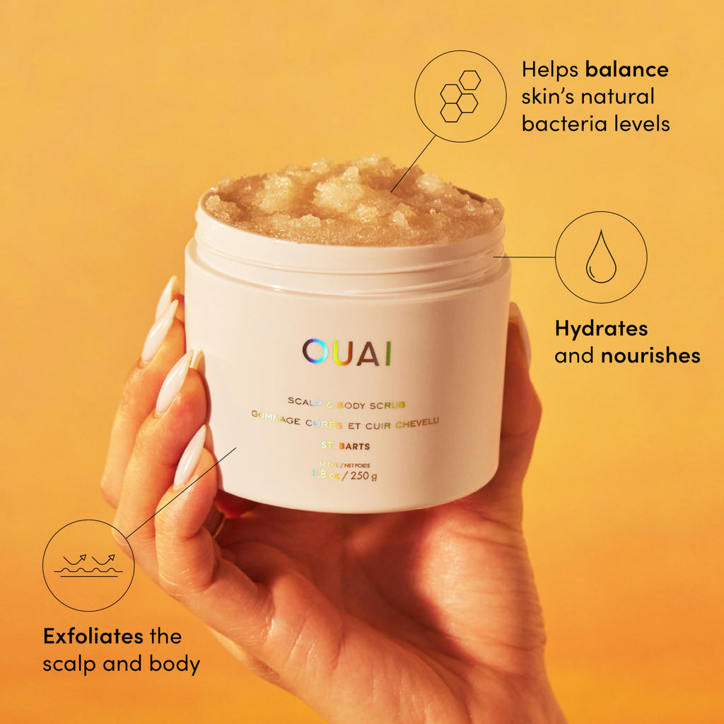 OUAI Scalp & Body Scrub, St. Barts Travel Size - With Sugar & Coconut Oil Blend for Smooth Moisturized Skin - Gentle Scalp Scrub for Removing Product Build Up (3.4 Oz)