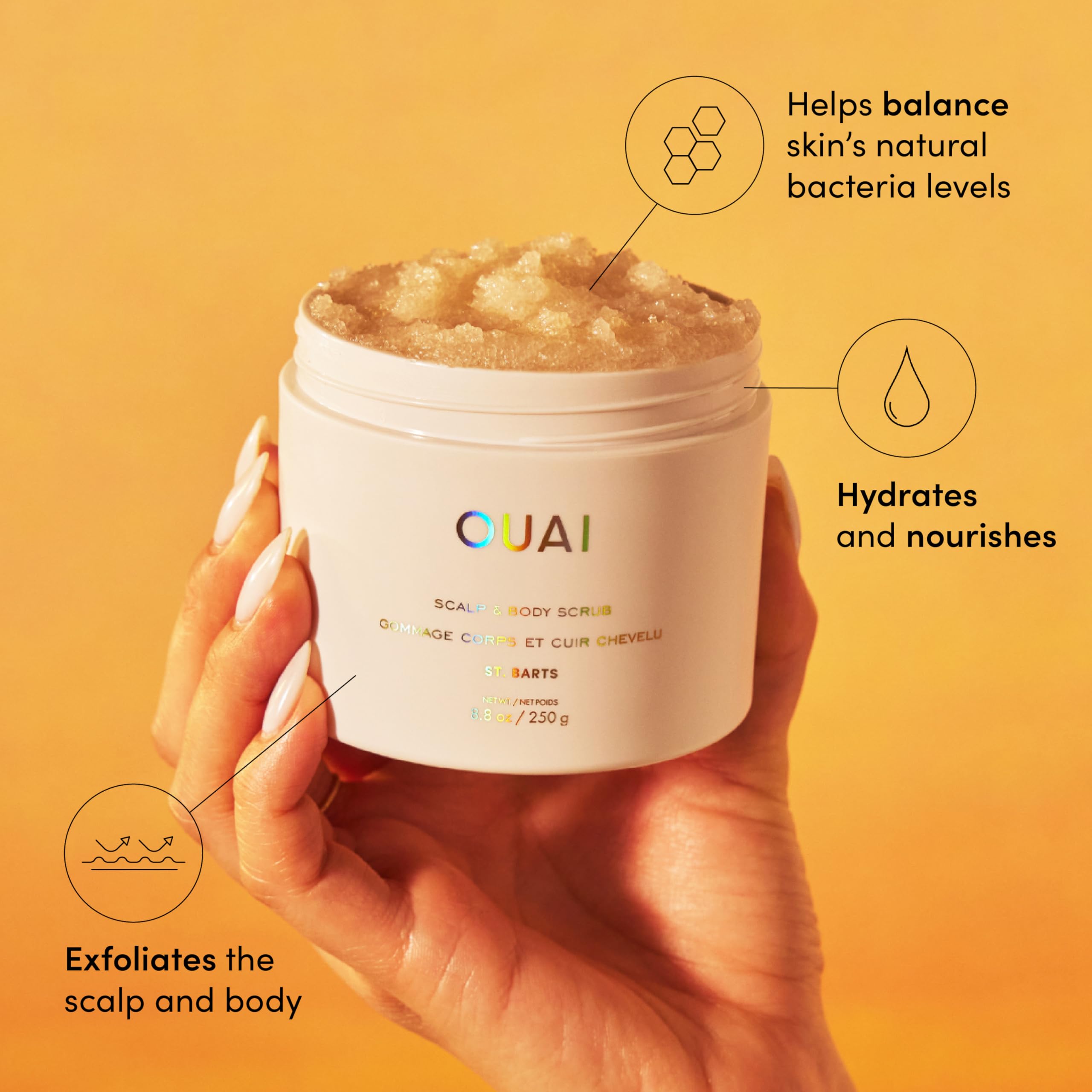 OUAI Scalp & Body Scrub, St. Barts Travel Size - With Sugar & Coconut Oil Blend for Smooth Moisturized Skin - Gentle Scalp Scrub for Removing Product Build Up (3.4 Oz)