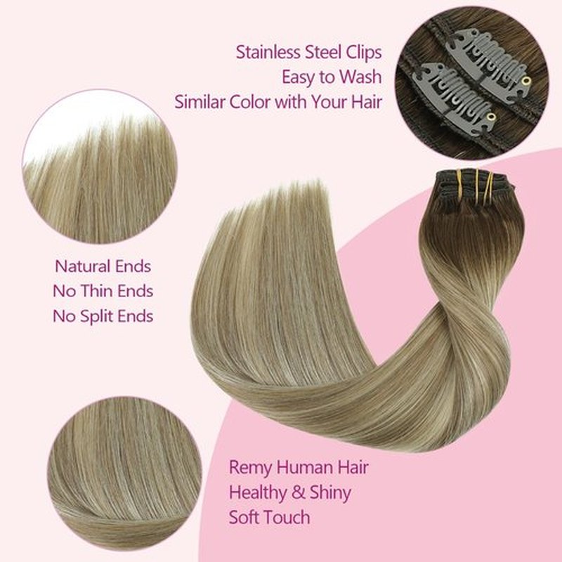 PINKPEARL Clip in Human Hair Extensions #3/8/22 Balayage Walnut Brown to Ash Brown and Golden Blonde Clip in Hair Extensions Real Human Hair 7pcs 120g 18inch Human Hair Extensios Clip ins(#3/8/22-18)
