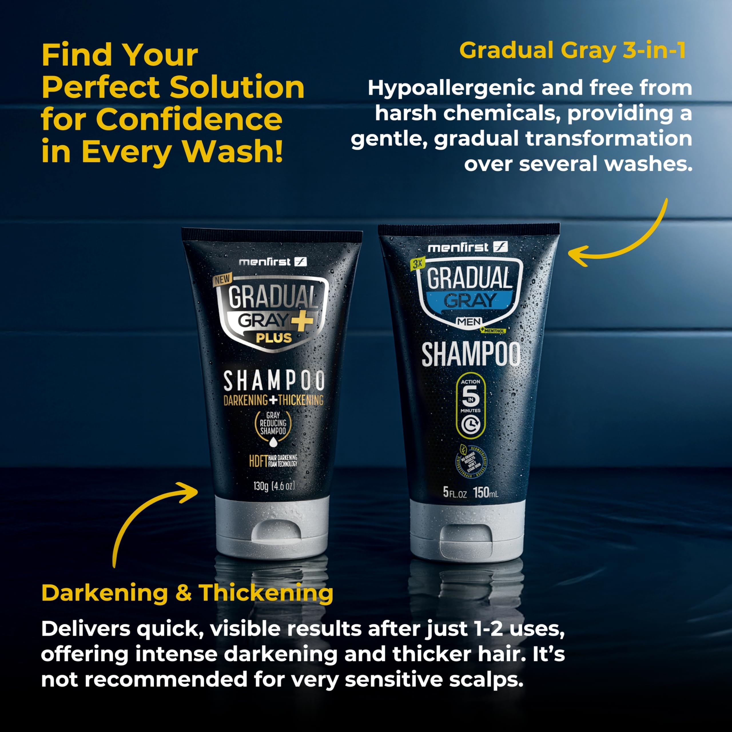 MENFIRST Gradual Gray PLUS Hair Dye Shampoo for Men - Gradual Gray Darkening Shampoo - Grey Reducing Mens Shampoo with 2X Pigment - Just 3 Min Application - 4.6 oz
