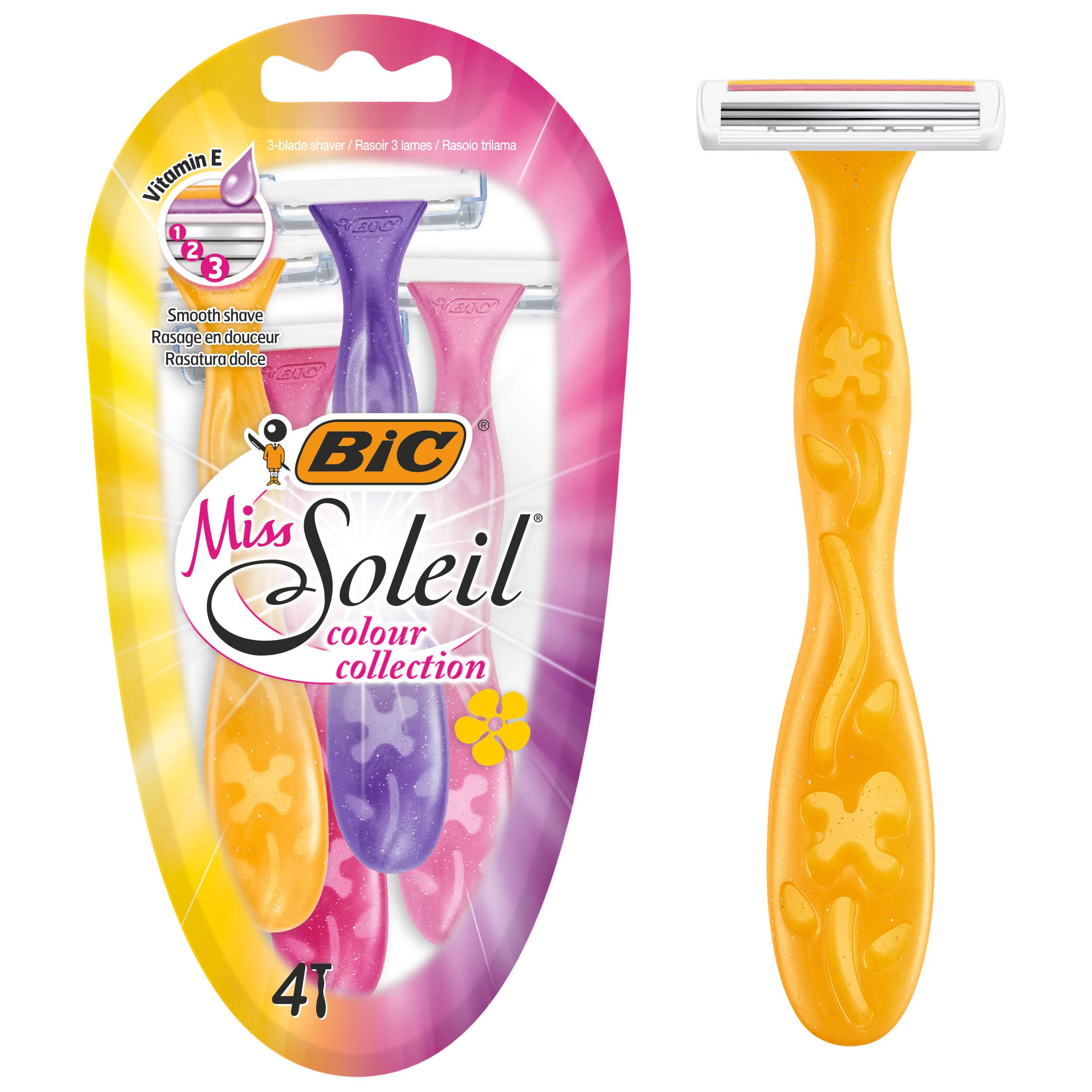BIC Miss Soleil Colour Collection Lady Razors, Triple-Blade Razors, Vitamin E Enriched Lubricating Strip - Pack of 4