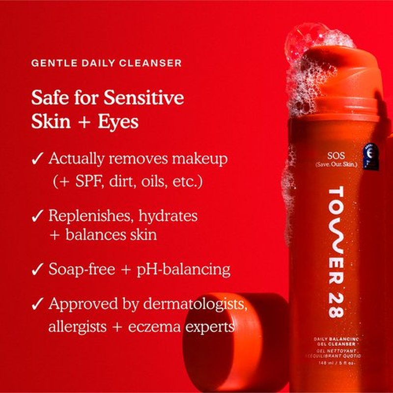 Tower 28 SOS Gel Facial Cleanser - Hydrating Face Wash + Makeup Remover for Sensitive Skin - Soothing + Gentle Face Cleanser with Aloe Vera, Oat Extract + Minerals - Fragrance-Free Skin Care (5 oz)