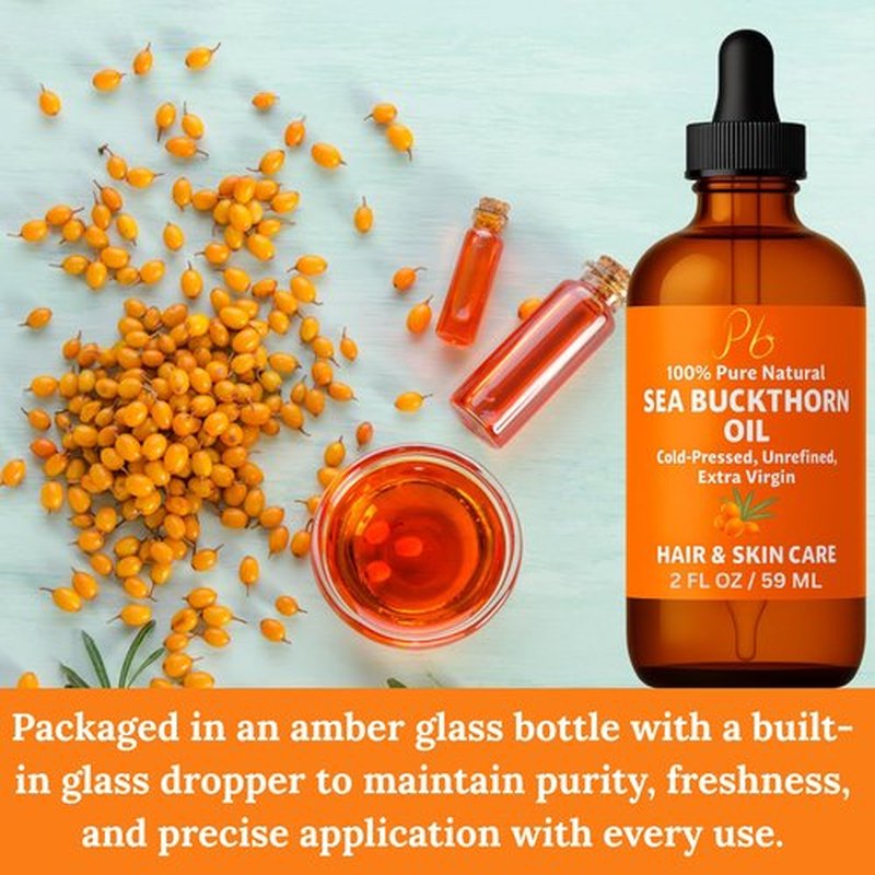 Pomberries Sea Buckthorn Oil – 100% Pure Cold-Pressed from Fruit & Seed – Sea Buckthorn Seed Oil for Face, Hair, Skin & Nails – Supports Radiant, Youthful-Looking Skin – Amber Glass Bottle 2 fl oz