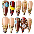 Handmade Press on Nails Cute 3D hand-crafted Monkey & Banana, Leopard Print Design - Long Stiletto Shape Reusable False Nails, Fun Animal Themed Nail Art (Pawky Monkey, S)