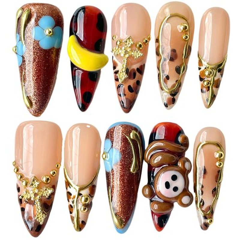 Handmade Press on Nails Cute 3D hand-crafted Monkey & Banana, Leopard Print Design - Long Stiletto Shape Reusable False Nails, Fun Animal Themed Nail Art (Pawky Monkey, S)
