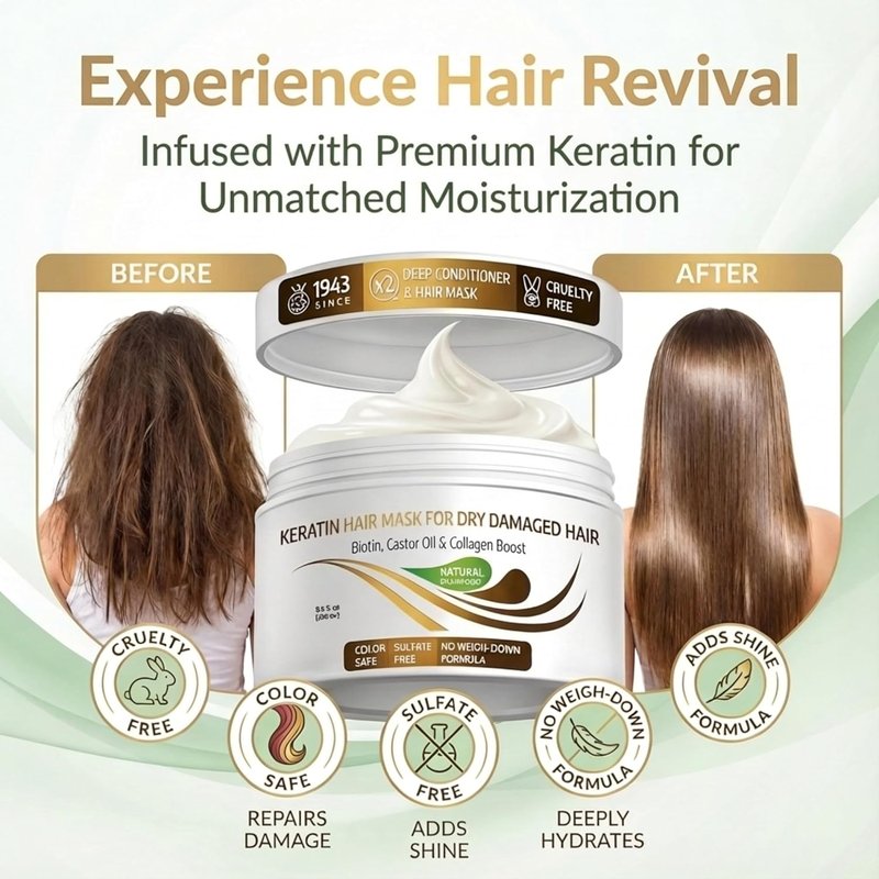 VITAMINS Keratin Hair Mask - Deep Conditioner for Dry, Damaged Hair with Biotin & Collagen - 13.5 Fl Oz