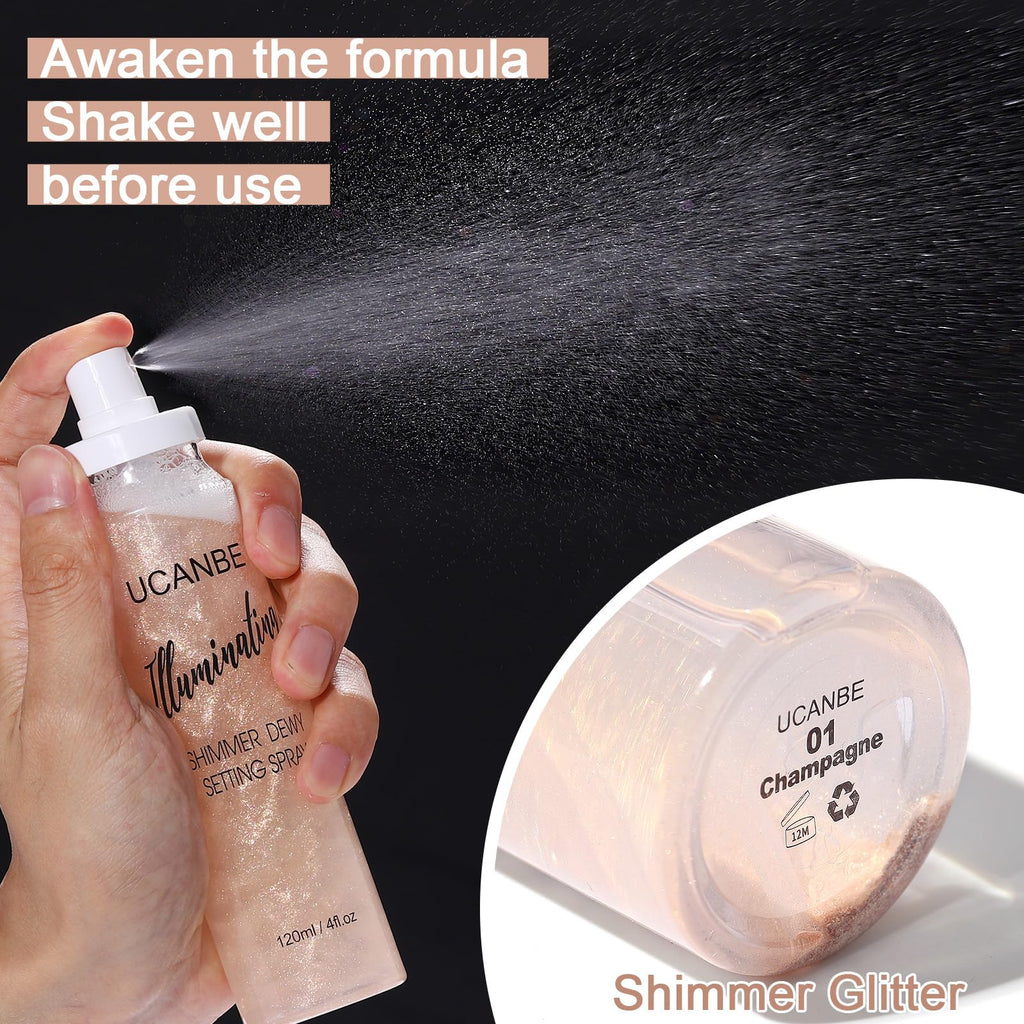 UCANBE Shimmer Dewy Setting Spray – Glowing + Makeup Setting Spray 2 in 1 Lightweight Formula for a Radiant Glow,Long-Lasting Face Mist for Face Body, 4 Fl Oz #Bubblegum