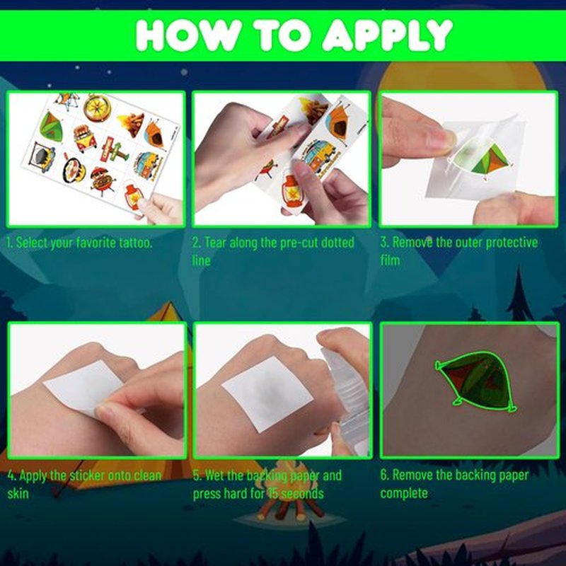 96PCS Camping Camp Camper Campfire Pre-Cut Luminous Glow in the dark Temporary Tattoos for Kids | Super Cute Themed Birthday Party Favors Supplies Decorations, Fake Tattoos Gifts for Boys Girls
