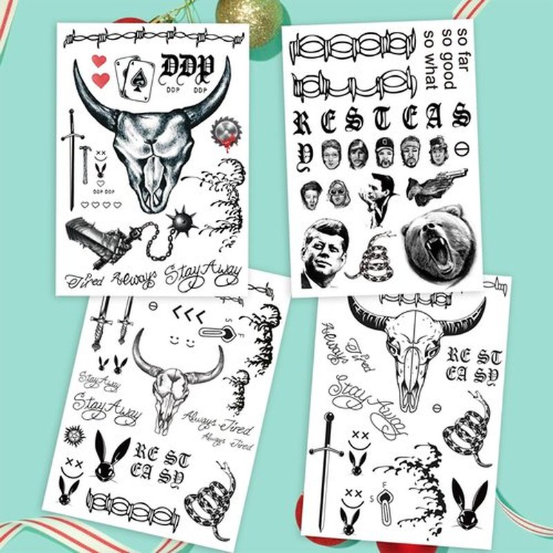4 Sheets Cosplay Rapper-Inspired Temporary Tattoos – Face Tattoo Stickers for Men, Women and Kids – Hip-Hop Style Fake Tattoos for Cosplay, Halloween, and Parties