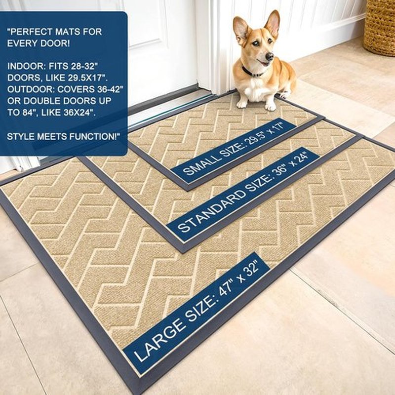 OLANLY Indoor Outdoor Doormat - Waterproof All-Season Herringbone Design | Easy Clean, Low Profile (Beige, 59x35)