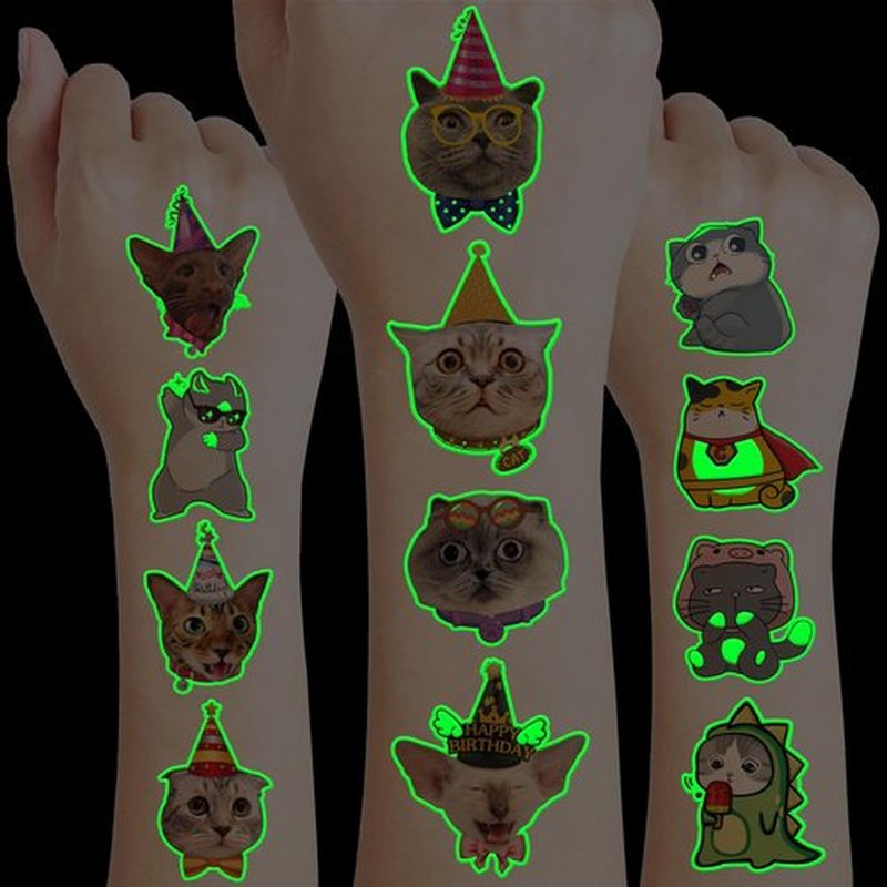 96 PCS Cat Cats Pet Pre-Cut Luminous Glow in the dark Temporary Tattoos for Kids | Super Cute Themed Birthday Party Favors, Supplies, Decorations, Animal Paw Fake Tattoo Stickers Gifts for Boys Girls
