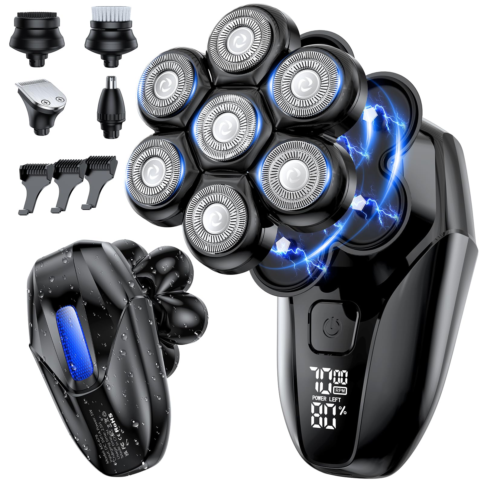 Vylto Head Shavers for Bald Men, 5-in-1 Electric Shaver Grooming Kit, 7D Floating IPX7 Waterproof Rechargeable Wet/Dry Razor for Skull Bald Head, Body Hair, with Massager, Black