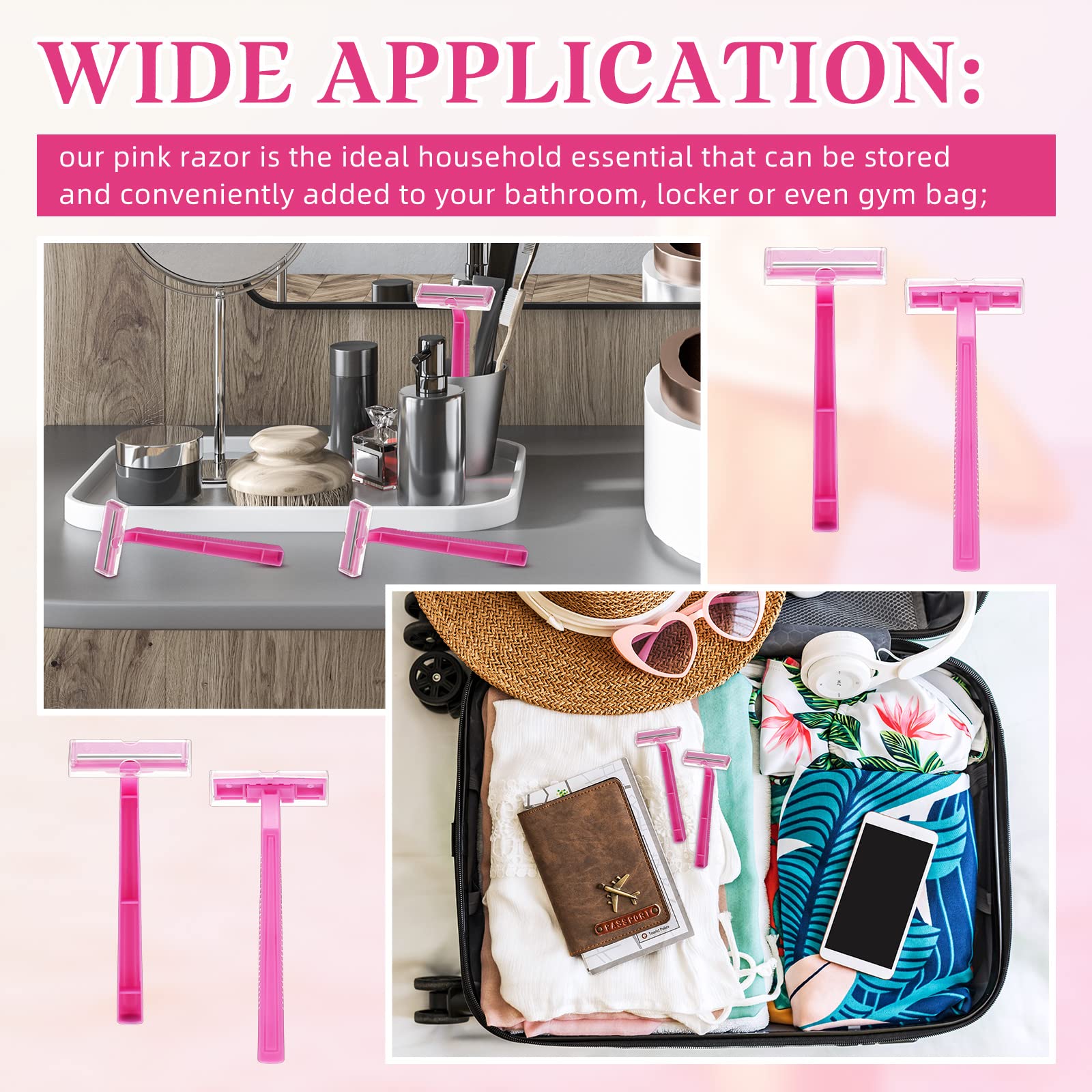 Hanaive Women's Disposable Razors Bulk Twin Blade Disposable Stainless Steel Hospitality Quality Shaver Multipurpose Portable Shave Razor Manual for Bathing Hotel Travel(Pink,100 Pcs)