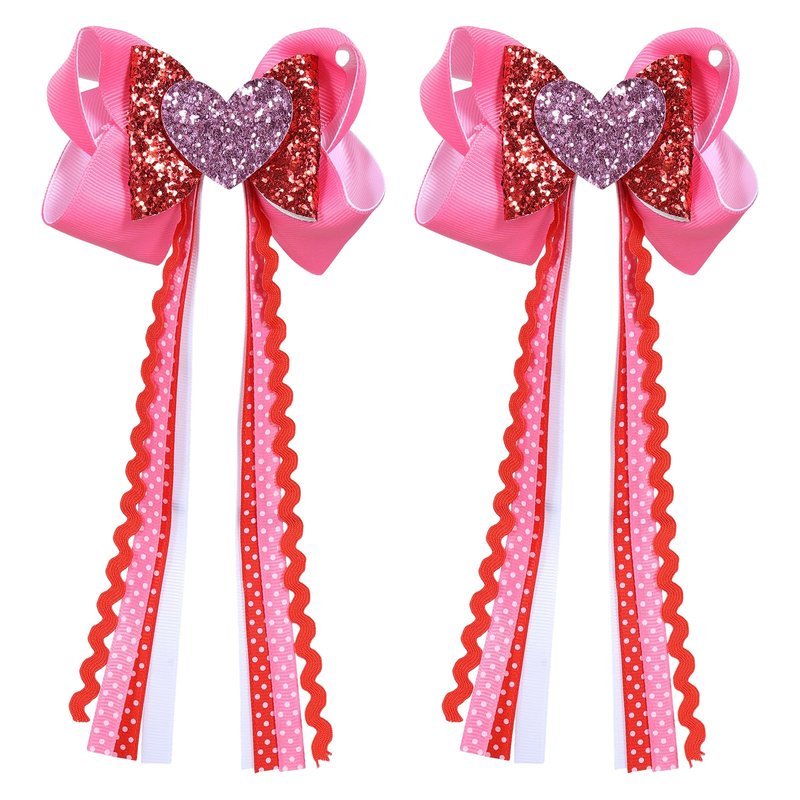 Valentine's Day Hair Bow Clips Sparkly Love Heart Glitter Hairpins Long Tails Grosgrain Ribbon Valentine Hair Accessories for Girls, Pink&Red
