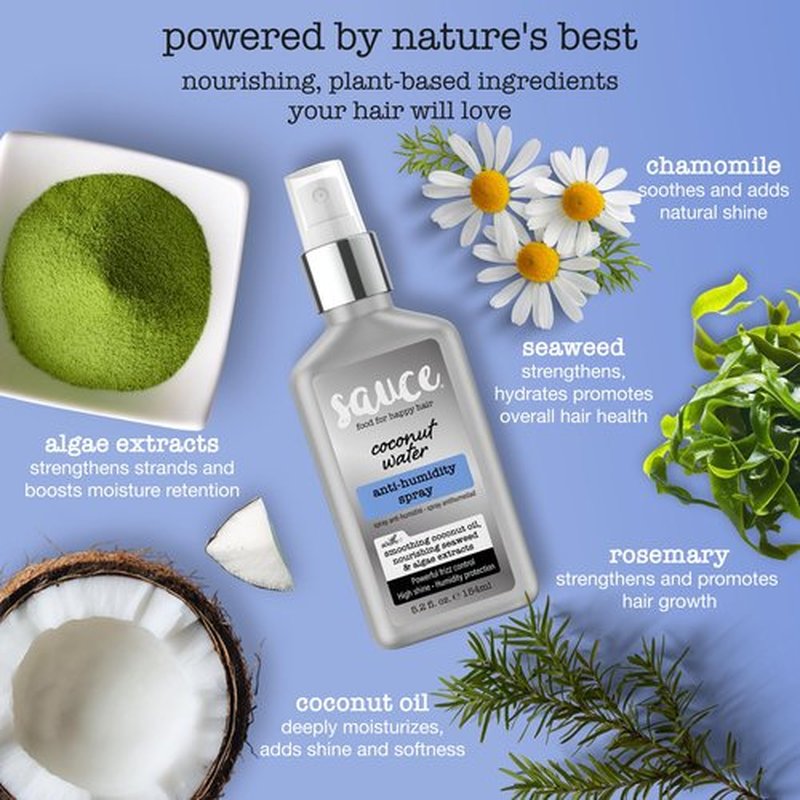 SAUCE BEAUTY Coconut Water Anti-Humidity Hair Spray 5.2 Fl Oz, Frizz Control with Coconut Oil, Seaweed & Algae Extracts, Adds Shine & Softness, Lightweight & Non Greasy, No Sulfates & Parabens