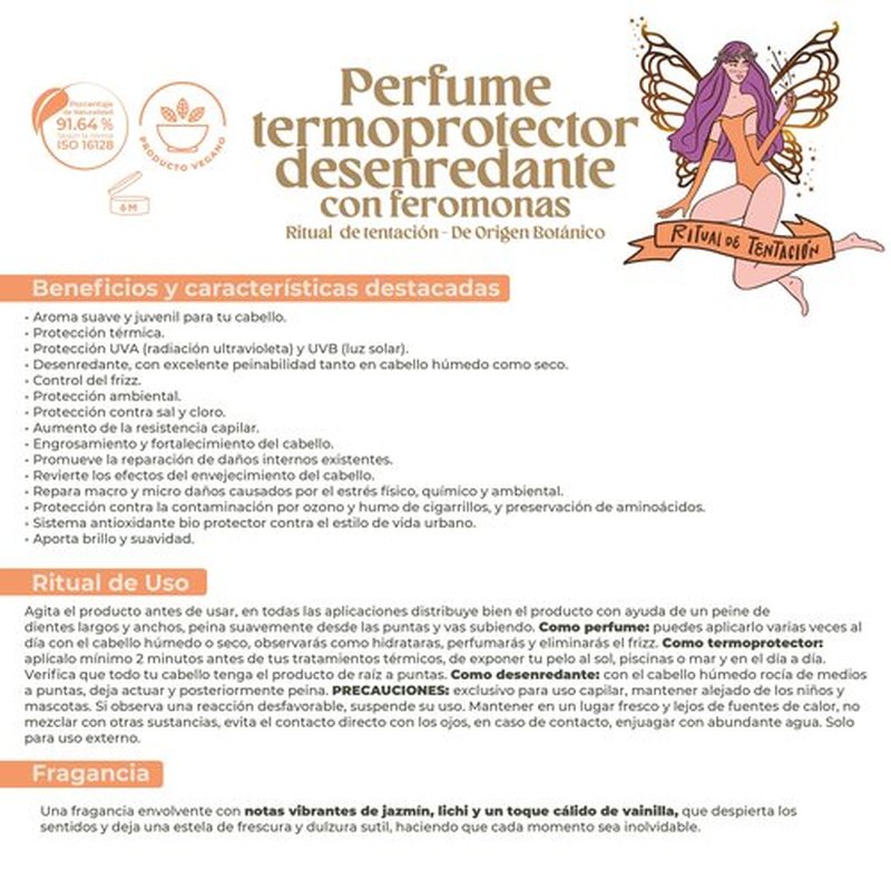 Origen Botánico Perfume Termoprotector para Cabello, Sin Alcohol, Antifrizz, Desenredante, Protección solar, Con Feromonas, Aroma Ritual de Tentación Jazmín y Vainilla 120ML. Todo tipo de cabello.