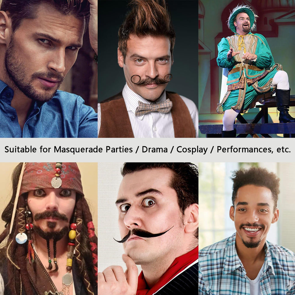 XRDDFL Fake Beard Human Hair Realistic Fake Mustache for Men, Full Hand-Tied Invisible Lace Based Fake Facial Hair Black Reusable False Goatee Beards for Halloween Cosplay Costume Party Drama