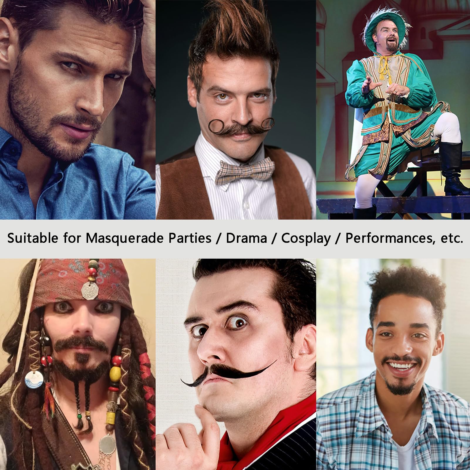 XRDDFL Fake Beard Human Hair Realistic Fake Mustache for Men, Full Hand-Tied Invisible Lace Based Fake Facial Hair Black Reusable False Goatee Beards for Halloween Cosplay Costume Party Drama