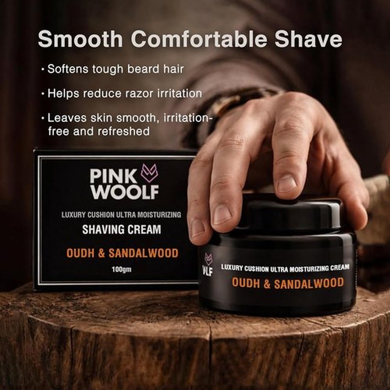 Pink Woolf Premium Shaving Cream for Men - Oudh & Sandalwood Scent - Rich Lather for Smooth Shave - 3.5 oz