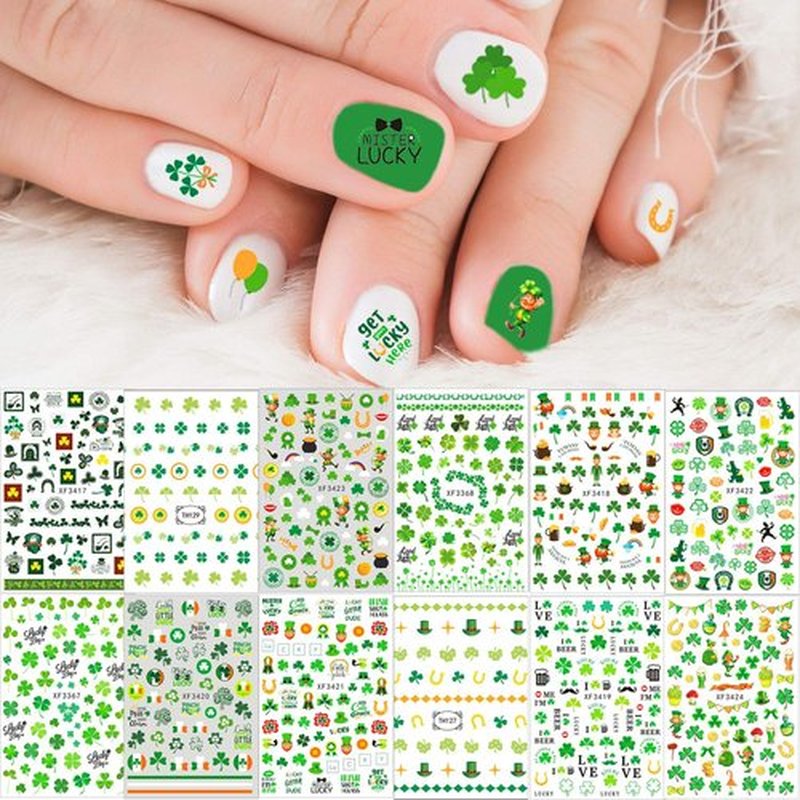 Kalrus 1000+Patterns St. Patrick’s Day Nail Sticker Luck of The Irish Nail Art Stickers Decals Shamrock Nail Decorations for Kids Girl Women Self-Adhesive Nail Tips False Nail Sticker Design 12 Seets