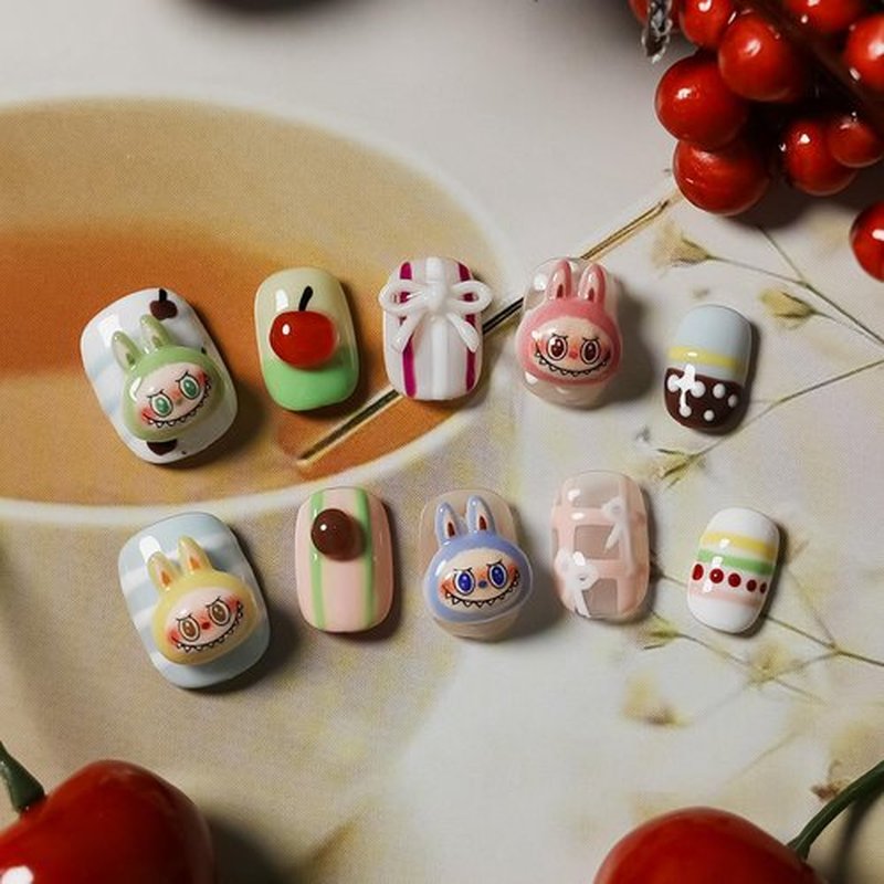 Tesytto 3D Cherry Press on Nails Short Square - Cute Cartoon Design with Mini Bow Charms, Colorful Kawaii False Nails for Women and Girls (Cartoon-A,S)