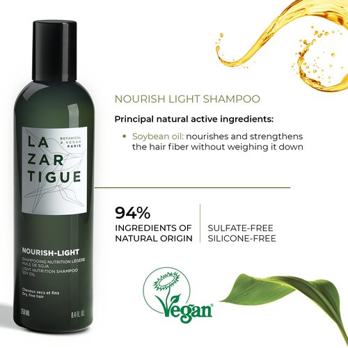 Lazartigue Nourish Light Shampoo, Soy Oil Enriched, Lightweight Nourishment for Dry, Fine Hair, Vegan, Sulfate & Silicone Free, 8.4 Fl Oz