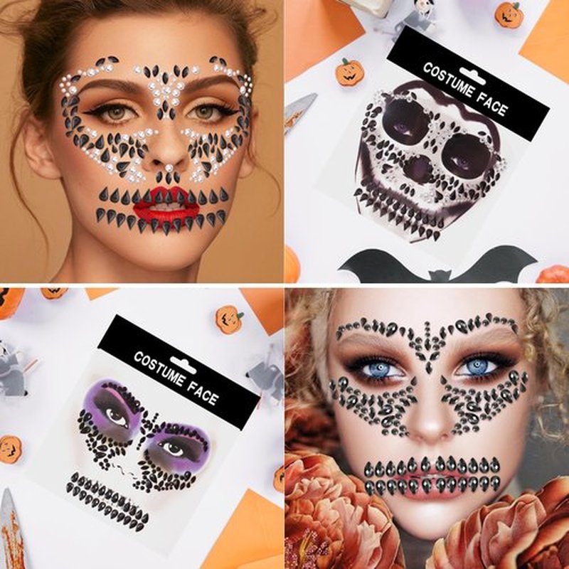 Erythem Skull Face Gems 6 Pack Day of the Dead Face Jewels Crystals Skeleton Face Gems for Halloween Festival Rave Party Makeup
