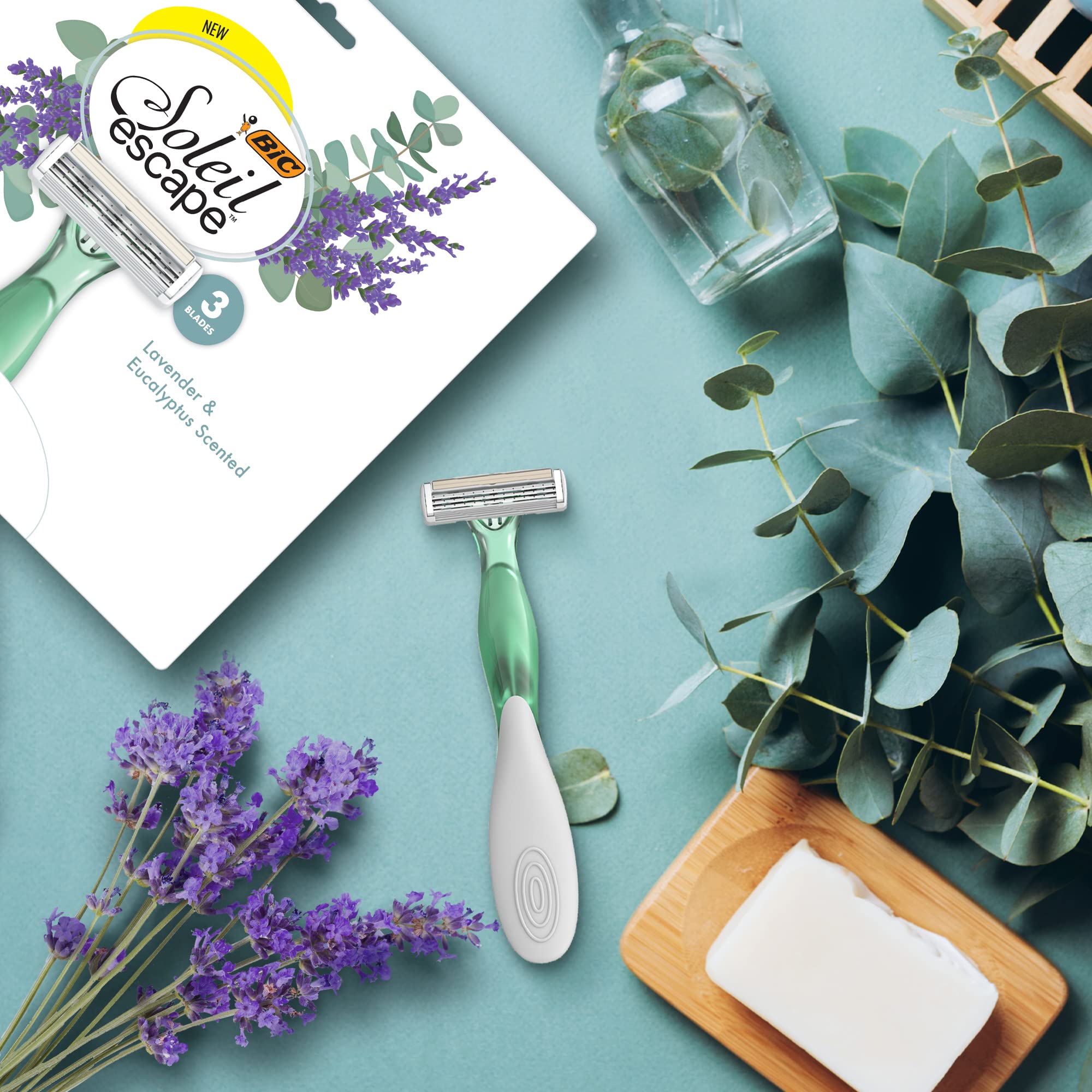 BIC Soleil Escape Scented Women's Disposable Razors, 3 Blades, Comfortable Shave, Lavender & Eucalyptus Scented Handle Shaving Razors for Women, 4 Count (Pack of 2)