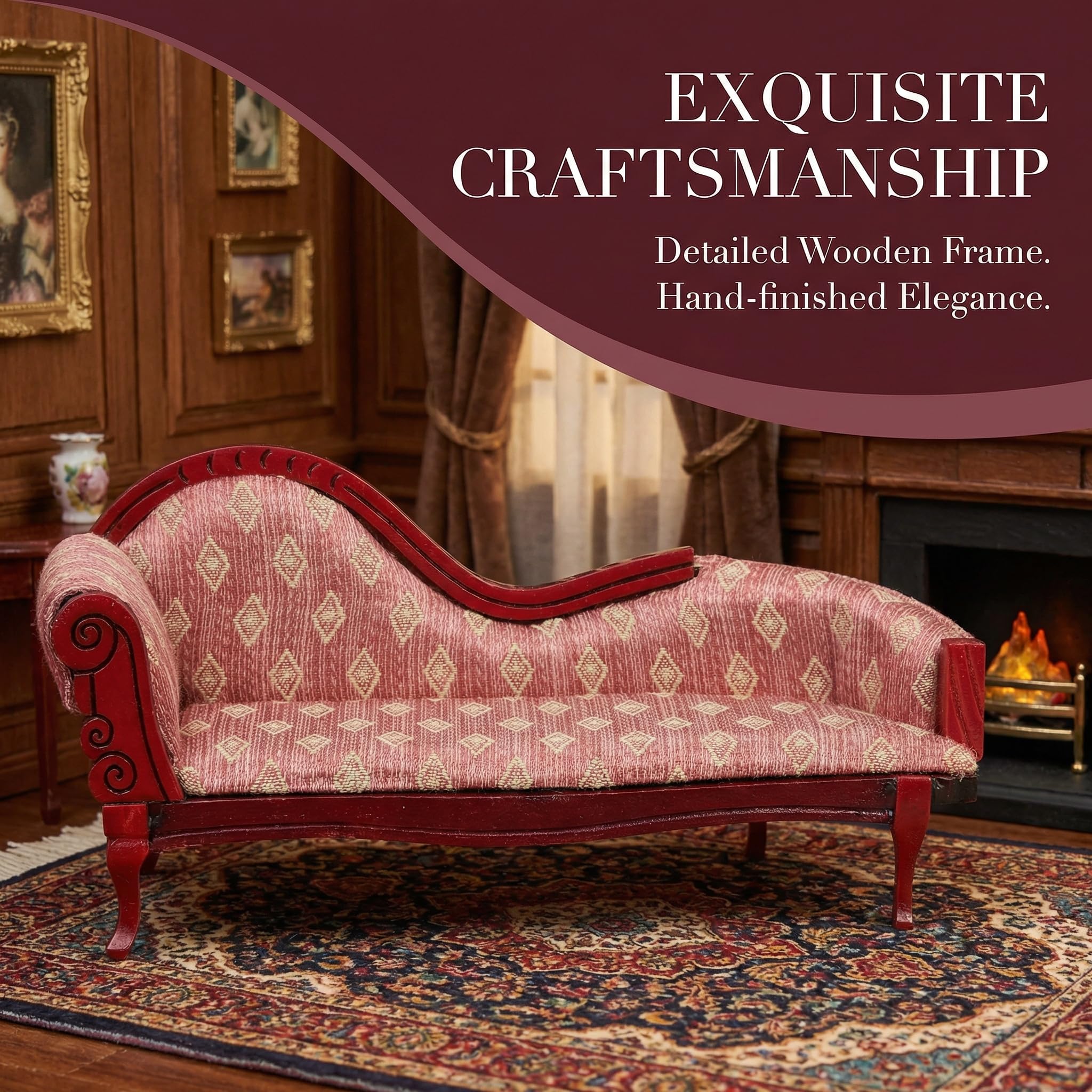 Angoily Miniature Chaise, 1/12 Scale Lounge Scale Vintage Floral Wood Sofa