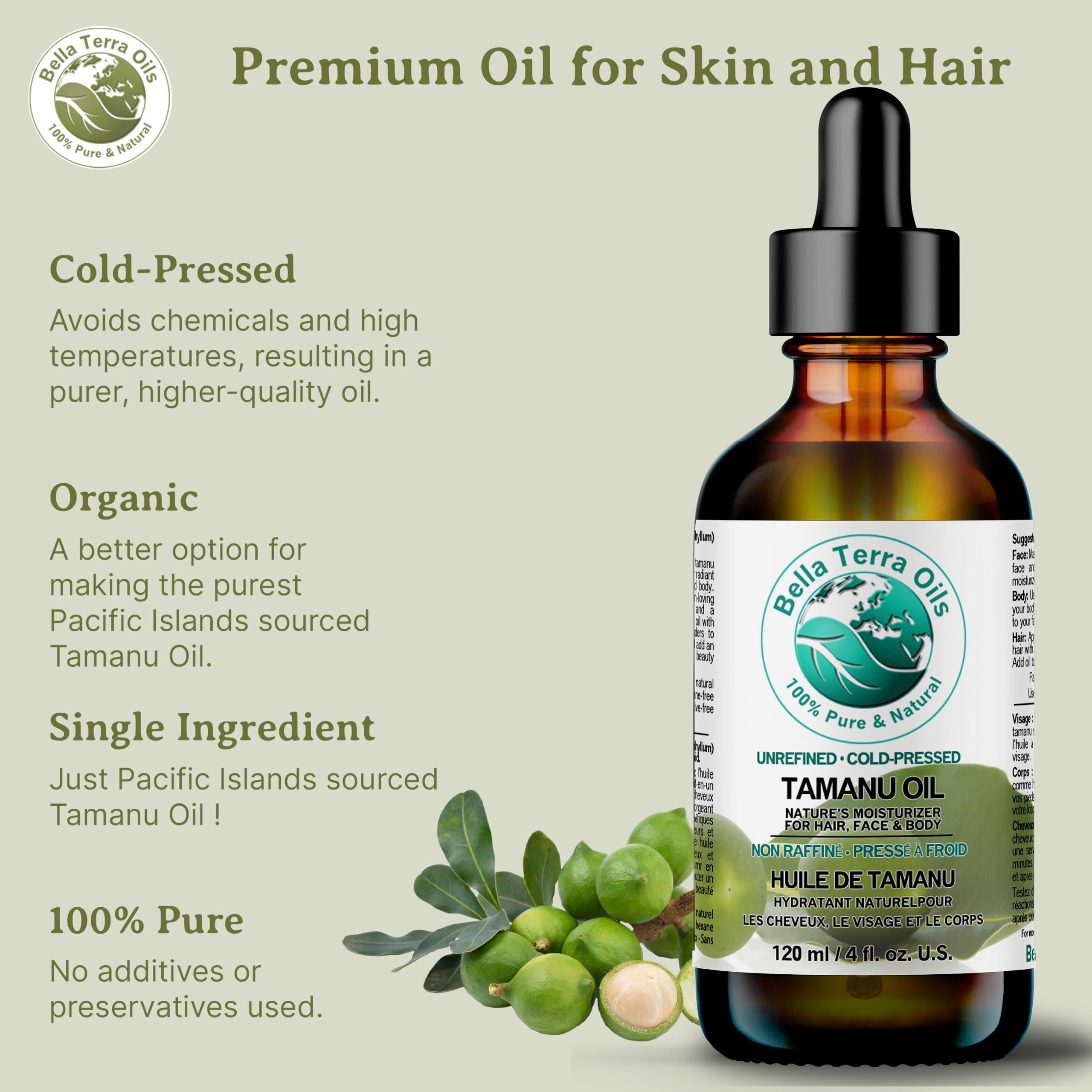Bella Terra Oils - Natural Tamanu Oil 16 oz - Harness the Power of Nature, Infused with Stearic Acid & Calophyllolide, Perfect Choice for Luxurious Skin Nourishment