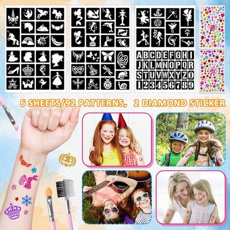 12 Color Temporary Glitter Tattoo Kit for Kid, with 92 Stencils, 2 diamond stickers, 2 Glues & 5 Brushes, Adults & Kids Arts Glitter Make Up Kit, Beautiful Holiday Gifts for Girls & Boys.