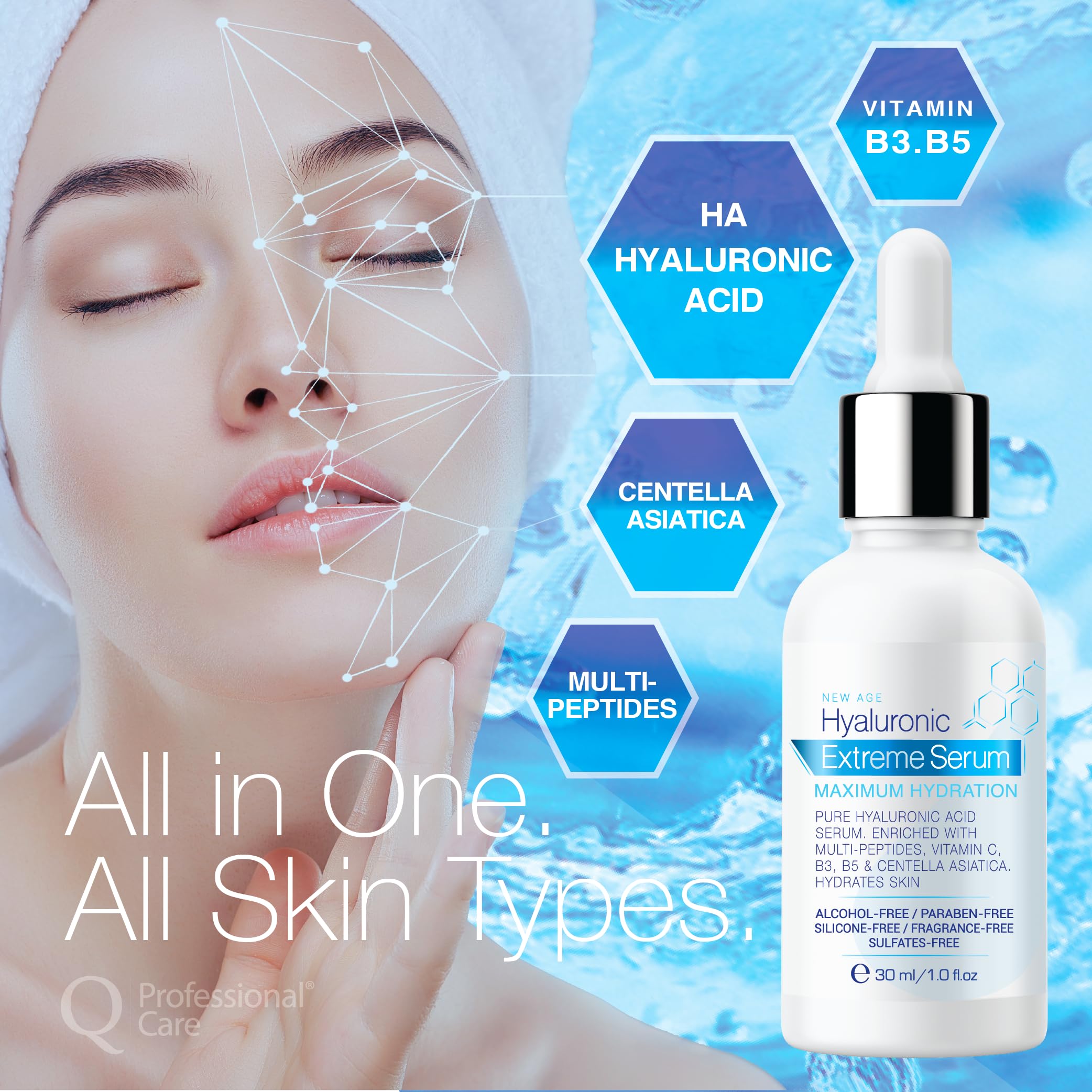 Q|Professional Care Serum for Face | Hyaluronic Acid | Vitamin C | Microneedling | HCA | Multi-Peptides, Vitamins B5, B3, Niacinamide & Centella Asiatica | Alcohol free, Fragrance-Free