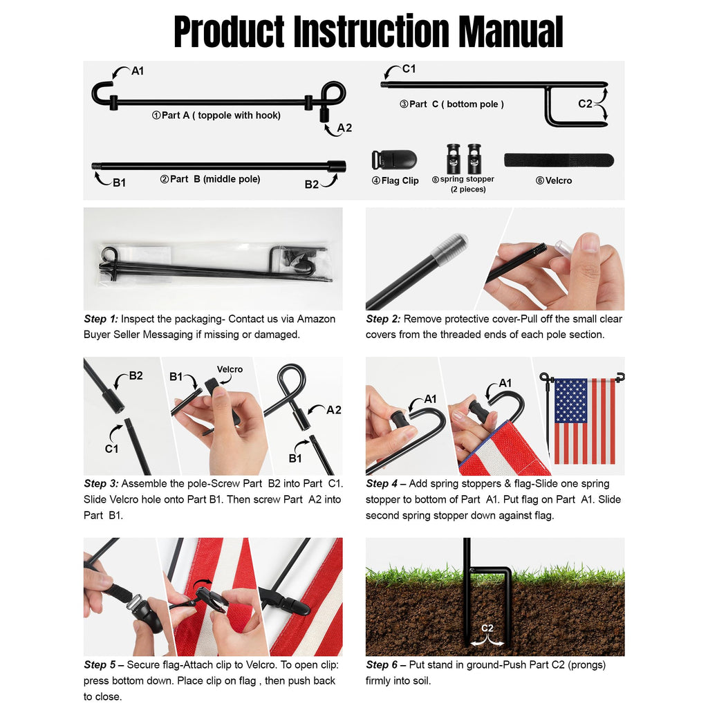 HOOSUN Garden Flag Stand,Premium Garden Flag Holder Pole Metal Powder-Coated Weather-Proof Paint with Graden Flag Clip and Spring Stoppers Without Flag Garden Decorations
